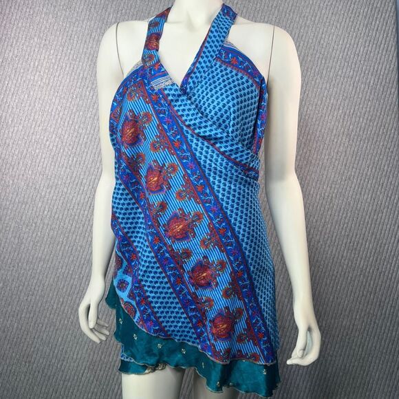 Reversible Wrap Skirt Dress Sari Colorful Upcycle Boho Indie Womens Convertible - Picture 4 of 10